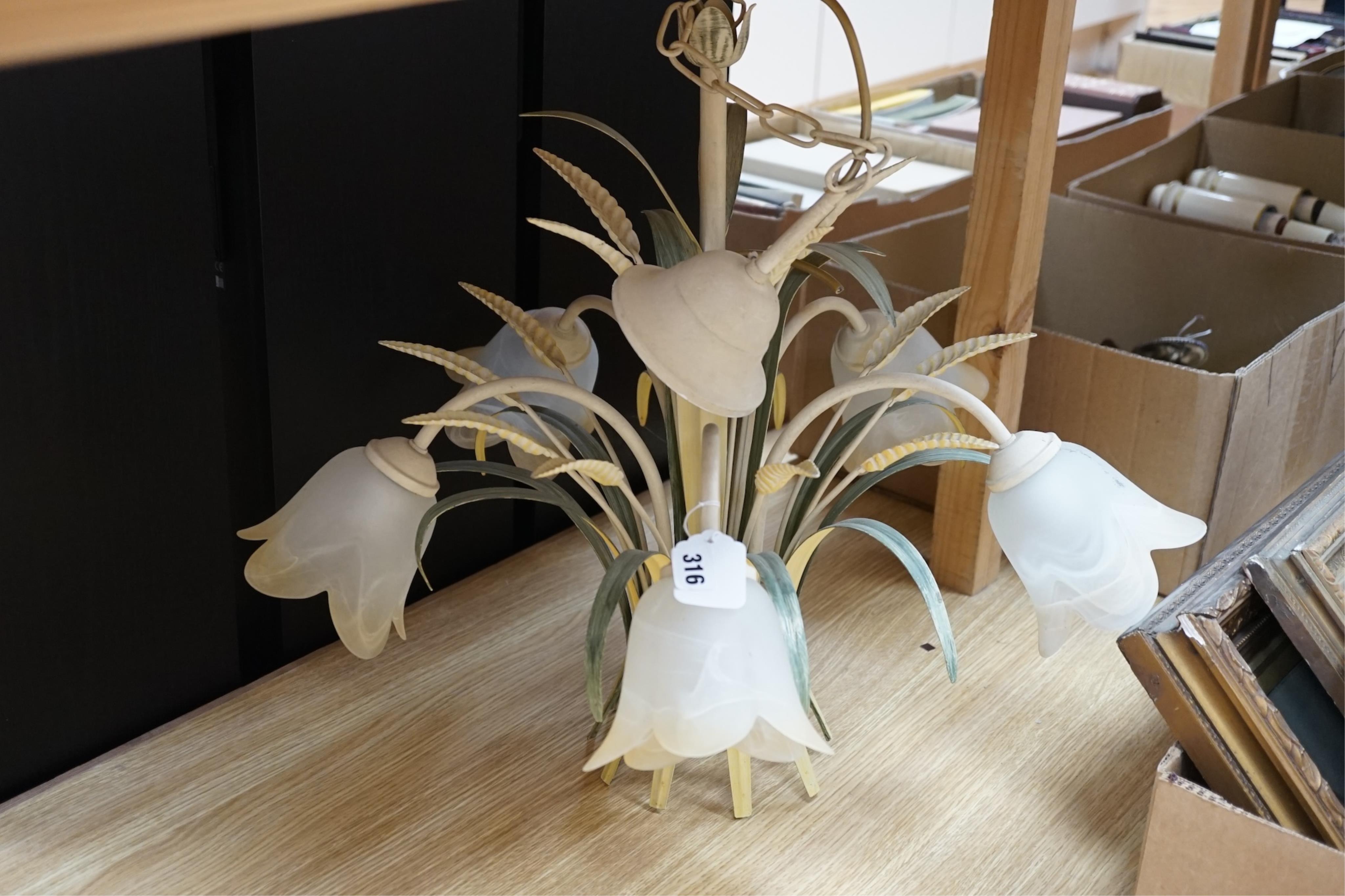 A pair of floral ceiling lights. Condition - good